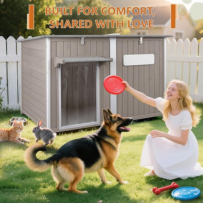 55"L Dog House Outdoor Large Breed Extra XL Wooden Dog House with Weatherproof Asphalt Roof, All-Around Iron Frame, Removable Floor, Openable Top Roof, Air Vents Window for Medium to Large Dogs