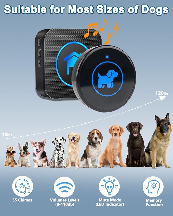 Dog Door Bell, Wireless Dog Doorbells for Potty Training – Dog Bells to Go Outside, 1000Feet Range, Waterproof Button, 55 Melodies & 5 Notification Modes (4 Buttons)