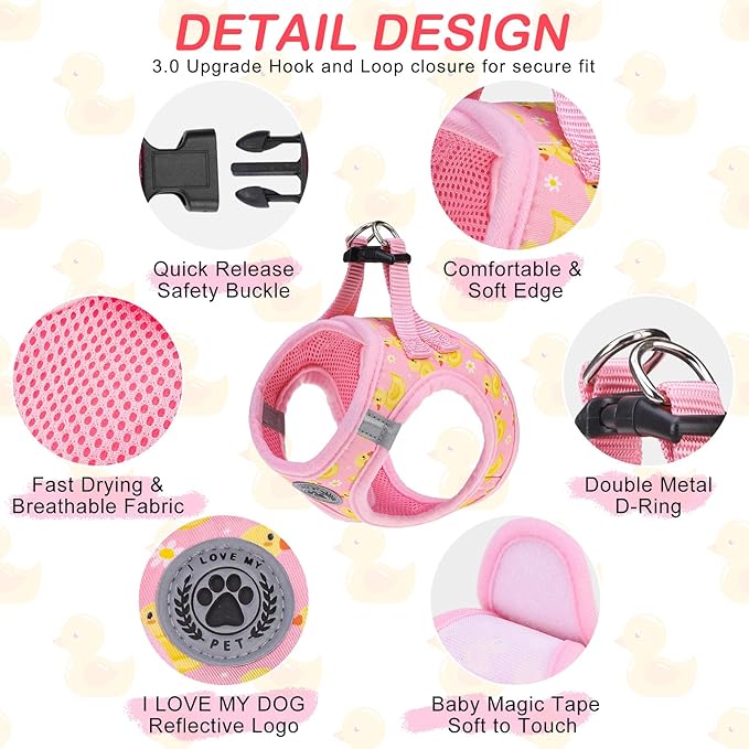 BEAUTYZOO Dog Harness Small Sized and Leash Set, Step-in Soft Padded Mesh Puppy Vest, Reflective Dog Harness No Pull No Choke, Breathable Easy Walking Vest Harnesses for Girl Boy Pets,Pink Ducks S
