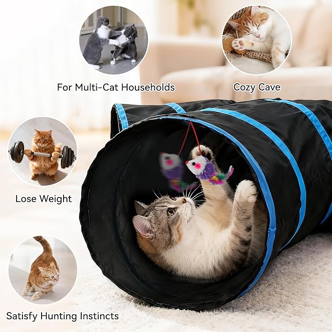 Joytale 5-Way Cat Tunnels for Indoor Cats, Pet Tube Toy with Bell Ball and Toy Mouse, S-Shape Collapsible Tunnel with Interactive Hole for Kitty, Kitten, Rabbit, Puppy (Blue&Black)