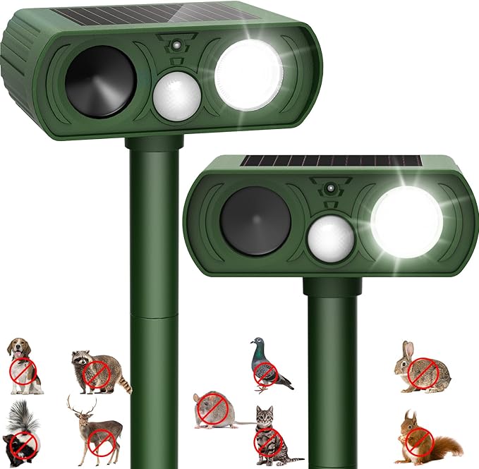 Upgraded Solar Ultrasonic Animal Repellent Outdoor, Deer Repellent Devices Squirrel Cat Raccoon Rabbit Dog Deterrent, Keep Skunk Away Motion Detection with Flash Light for Yard Garden Lawn 2PACKGreen