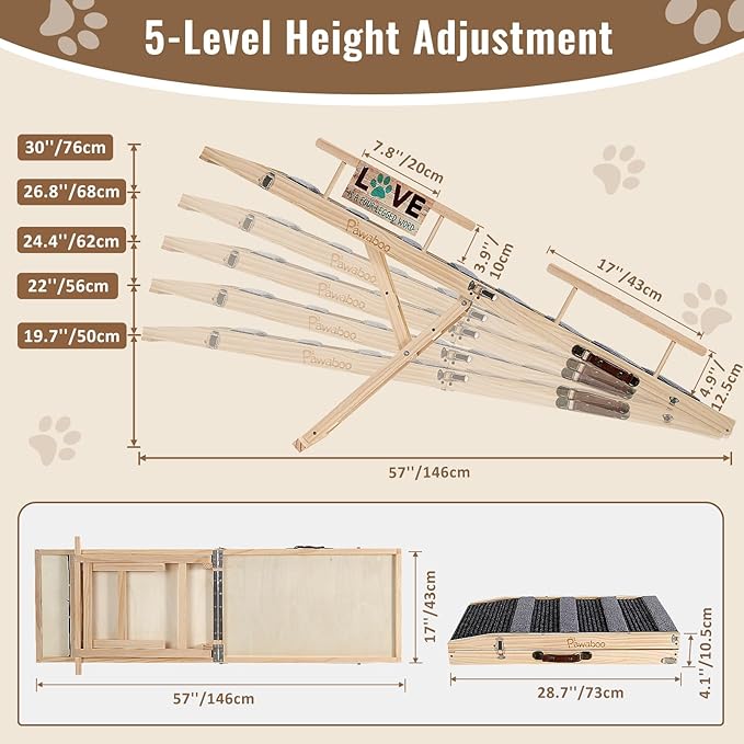 Pawaboo Dog Ramp for Small Dog, 57'' Foldable Dog Ramp for Bed, 5 Adjustable Height from 19.7'' to 30'', Portable Stable Pet Steps with Dogs Tag & Safety Side Rails, Pet Ramps for Bed Couch