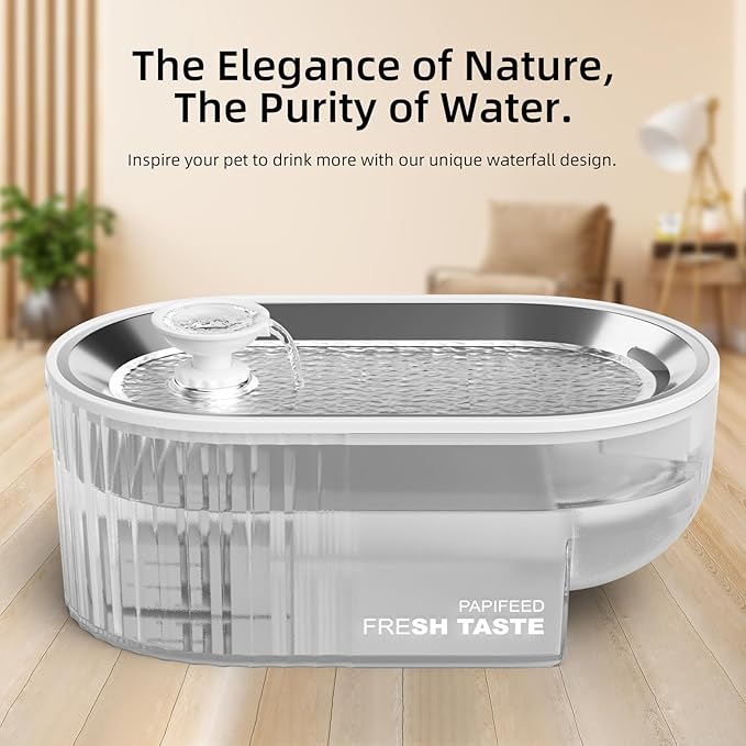 PAPIFEED Cat Water Fountain Stainless Steel, 84oz/2.5L Automatic Cat Water Fountain with Visible Water Level, Ultra Quiet Low Power Cat Water Bowl & Cat Water Dispenser (White)
