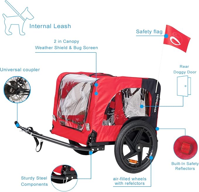 2-in-1 Dog Bike Trailer & Pet Carrier with Quick-Release Wheels, Foldable Steel Frame & Non-Slip Floor, 88 lbs Capacity for Medium/Small Dogs, Compatible with 20"-29" Bicycles