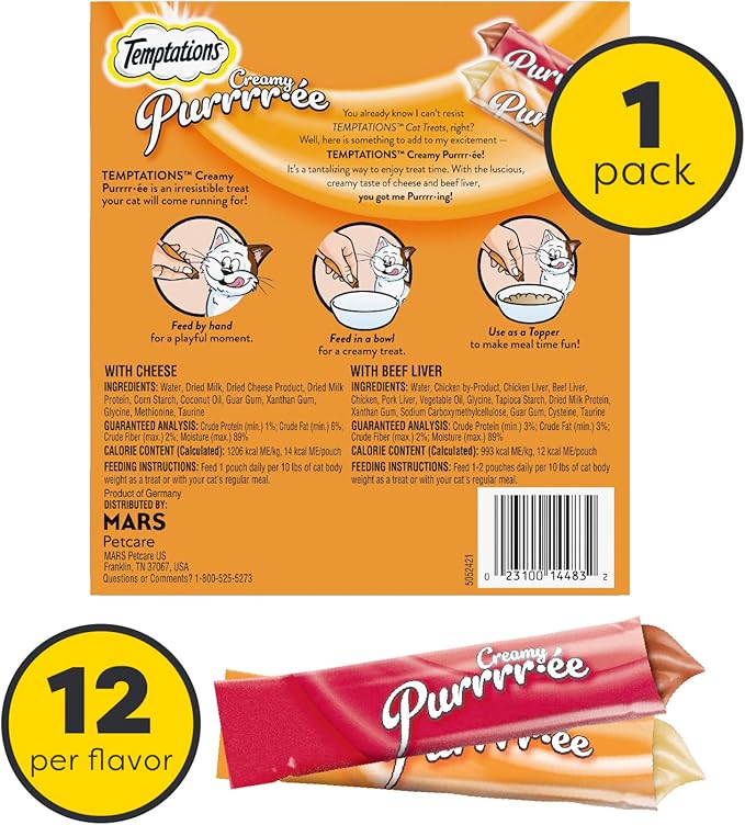Temptations Creamy Puree Squeezable Lickable Cat Treats, Wet Cat Treats with Beef Liver and Cheese Variety Pack, 0.42 oz. Tubes, 24 Count
