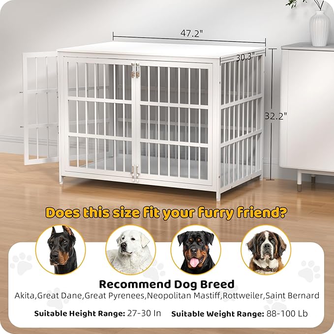 Heavy Duty Dog Crate Furniture – Indestructible Furniture Style Dog Kennel with Wooden Table Top, Escape-Proof Crate for High Anxiety Dogs, Decorative Indoor Pet House with Double Doors & Secure Locks