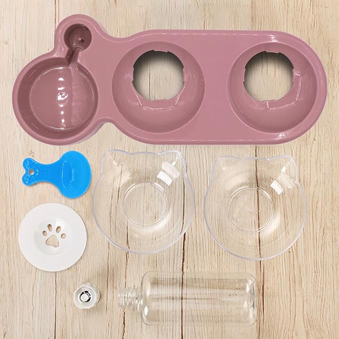 Triple Cat Bowls,15°Tilt 3-in-1 Water Feeder Bowls Cat Double Food Bowls with Automatic Water Bottle Bowl, Whisker Friendly Wet and Dry Cat Elevated Feeding Dishes for Small Cat and Puppy (Pink)