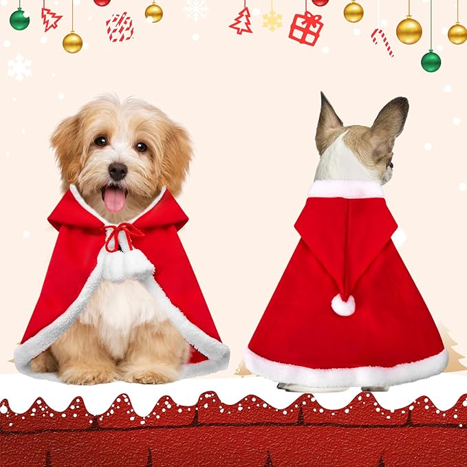 Cat Christmas Cape, Dog Soft Thick Xmas Cloak with Hat, Pets Christmas Costume Dogs Cats Santa Claus Outfits for Goose Rabbit, M