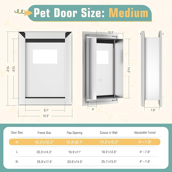 Medium Pet Door for Wall, Aluminum Frame, Double Magnetic Flaps Doggie Door, Sliding Lock Panel, Easy Installation, for Pets Up to 40 lbs.