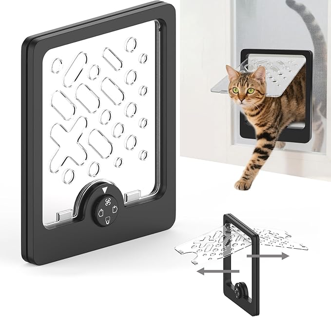 4-Way Locking Cat Door for Thin Materials - Adjustable Pet Door Flap fits Screens, Boxes & Carriers, 8x12 Inch Small Door for Crates, Litter Box Enclosures & DIY Pet Rooms (Same)
