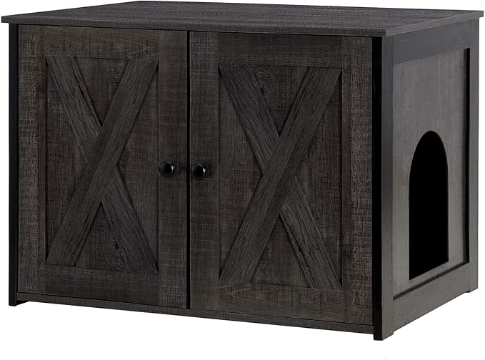 Dwanton Litter Box Enclosure, Cat Litter Box Furniture Hidden, Reversible Entrance Can Be on Left or Right Side, Wooden Cat Washroom Indoor, Dark Gray, 27.6 Inches