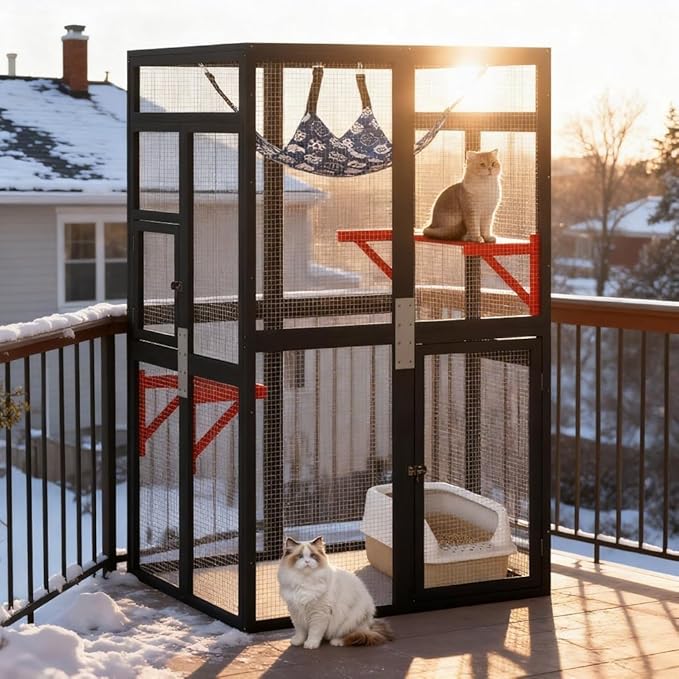 COZIWOW Upgraded Outdoor Cat Catio with Window Access & Jumping Platforms, Weatherproof Wooden Cat Enclosure for Patio/Garden/Backyard (Wood, 2 Platforms + Hammock, Supports 44lbs)