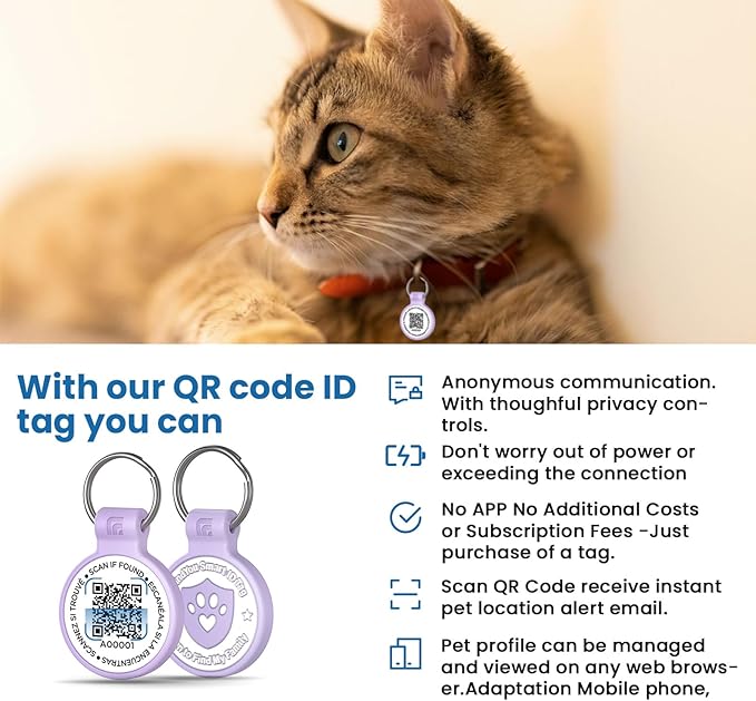 Silicone Cat Tags Personalized Small for Pet Collars, QR Code Cat Name Tags, Scan Location Alerts, Purple S