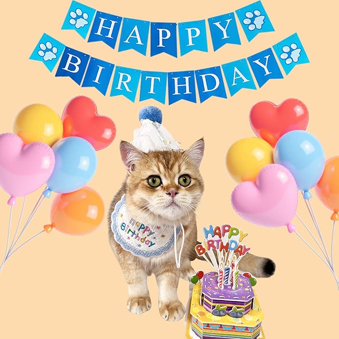 Cute Pet Birthday Costume Bandana Scarf Bib and Hat Set for Cat Small Dog, Cat Birthday Decorations Outfits (Blue)