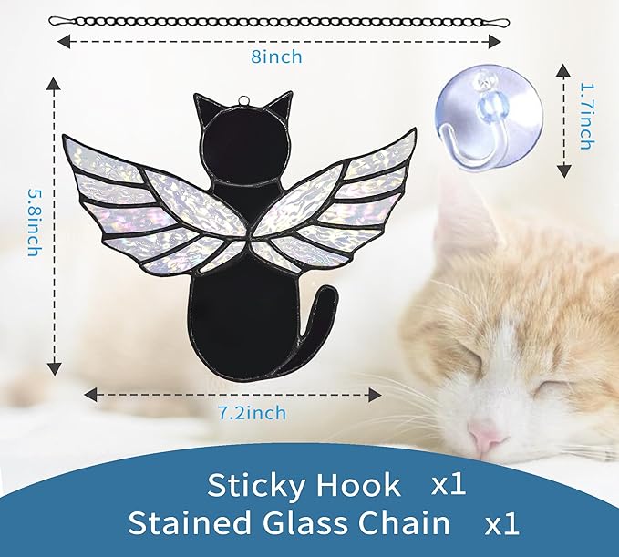 Angel Rainbow Wing Memorial Gifts - Stained Glass Cat Suncatcher, Loss of Cat Sympathy Gift (Black)