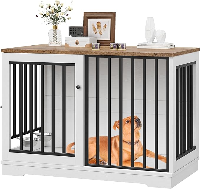 TTVIEW 47” Large Dog Crate Furniture, Heavy Duty Dog Kennel Indoor with Sliding Door and 2 Adjustable Bowls, Rustic Wooden Dog Cage Pet House for Large Dogs, End Table for Living Room, White