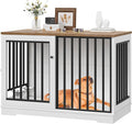 TTVIEW 47” Large Dog Crate Furniture, Heavy Duty Dog Kennel Indoor with Sliding Door and 2 Adjustable Bowls, Rustic Wooden Dog Cage Pet House for Large Dogs, End Table for Living Room, White