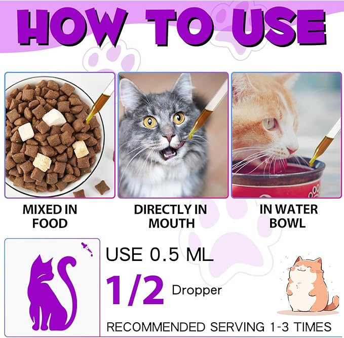 Cat Multivitamin, 15 in 1 Cat Multivitamin Liquid Drops, Cats Vitamins and Supplements with Glucosamine and Probiotics, Bones, Joint, Skin & Coat, Bladder, Immune System Support, 60ML
