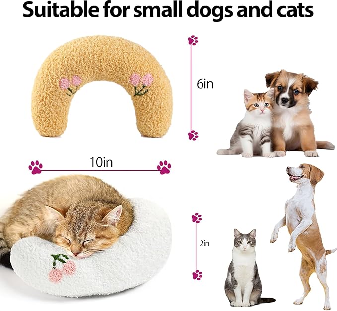 U-Shaped Calming Pillow for Cats and Dogs - Super Soft Plush Fabric, Cozy Headrest, Neck Support for Deep Sleep, Kitten Headrest, Pet Bed (White + Yellow)
