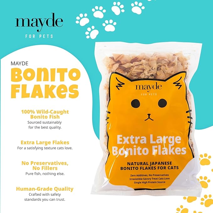 Mayde Bonito Flakes for Cats & Dogs - 100% Natural High-Protein Fish Treats for Cats & Dogs - Extra Large Dried Bonito Flakes - 4 oz Bag