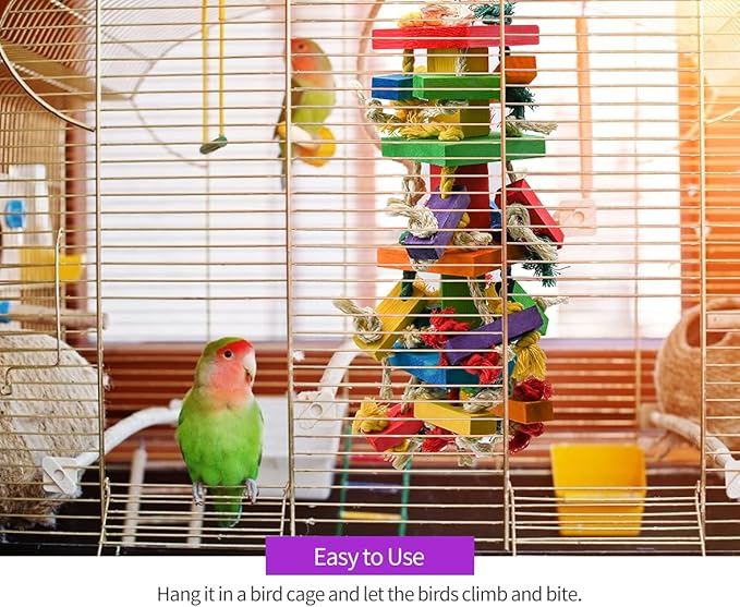 RUBY.Q Large Parrot Toy, 20in Bird Parrot Toy, Multicolored Natural Wooden Bird Chewing Toys for Large Macaws, African Grey and a Variety of Amazon Parrots