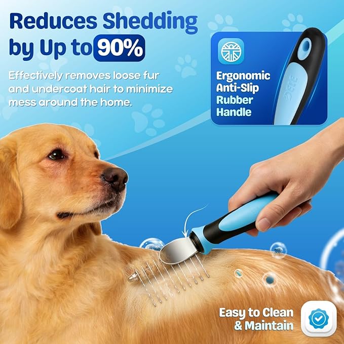 Flexzion Dogs Dematting Comb, Stainless Steel Blades Rakes, for Pets Cats Animals Matted Knotted Hair, Brush Cutting Removing Grooming Tool with Smooth Teeth Needle - Black & Blue Handle