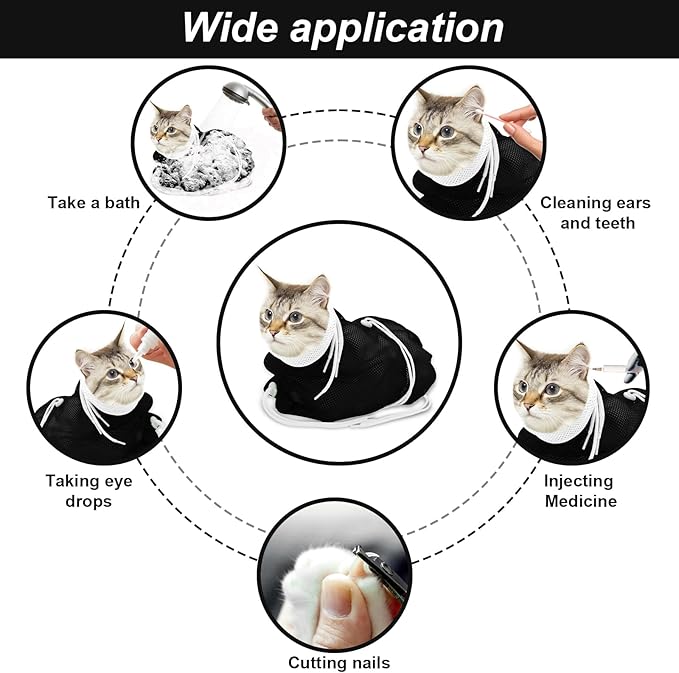 Cat Bathing Bag, Breathable Mesh Cat Shower Bag Anti Scratch Adjustable Grooming Bag for Nail Trimming Polyester Soft Washing Bag