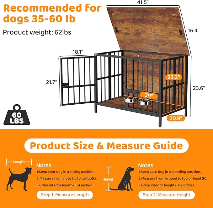 41.5" Dog Crate Furniture, Assembly-Free Dog Crates for Large and Medium Dogs, Foldable Dog Kennel Indoor with Adjustable Dog Bowls, Wooden Dog Cage Use as End Table, Pet House for Decorative Indoor
