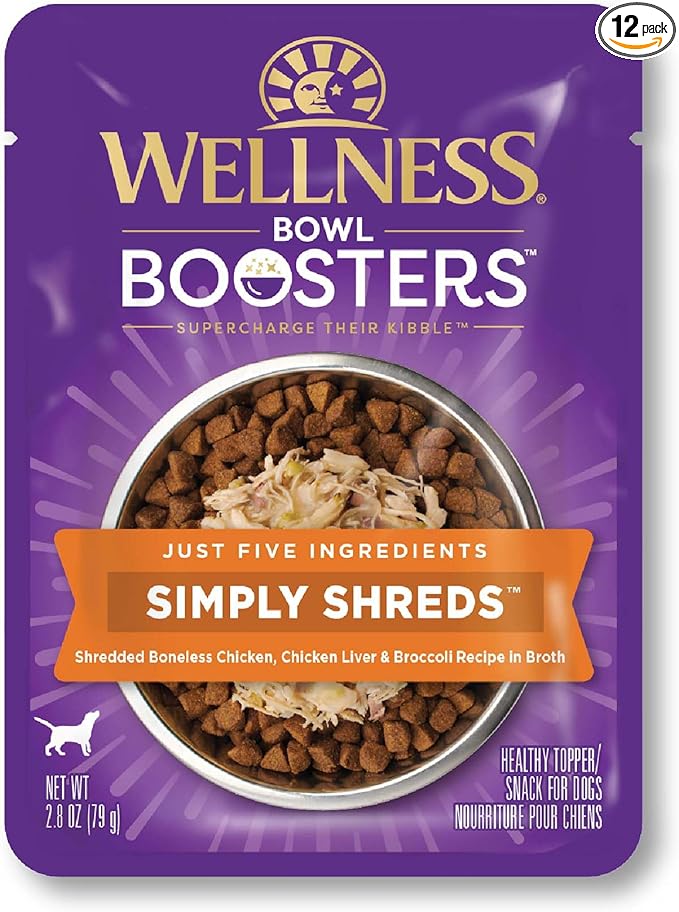 Wellness Bowl Boosters Simply Shreds Wet Dog Food Topper for Small, Medium, and Large Breeds, Grain Free, Natural, Chicken Liver and Broccoli Recipe, 2.8 oz, Pack of 12 Pouches