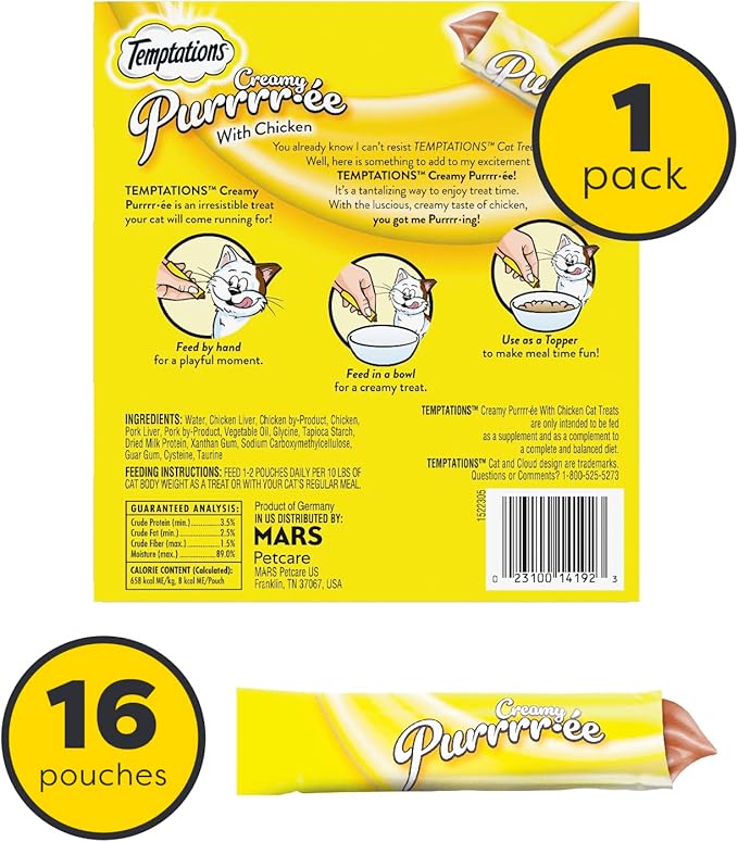 Temptations Creamy Puree Squeezable Lickable Cat Treats, Wet Cat Treats with Chicken, 0.42 oz. Tubes, 16 Count