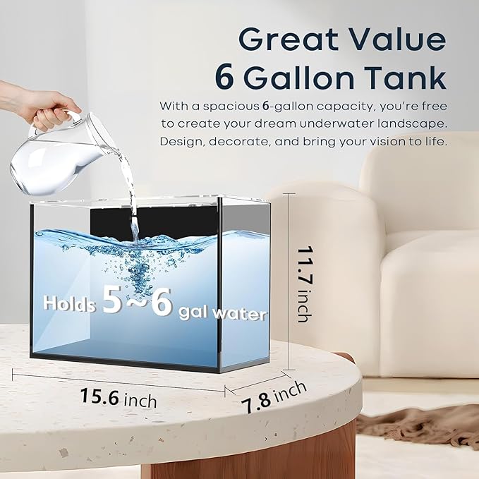 6 Gallon Glass Fish Tank 5 Gallon Open-Back Lid, Small Aquarium Fish Bowl Cube for Betta Goldfish Snails Shrimp Aquatic Planting, Ultra Clear Rimless Design Low Iron