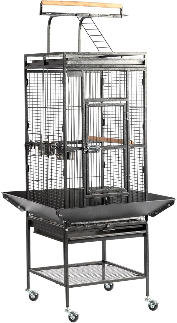 Wrought Iron Rolling Large Parrot Bird Cage,65-inch Wrought Iron Large Rolling Bird Cage with Play Top and Stand for Parrots Lovebird Cockatiel Parakeets, Black
