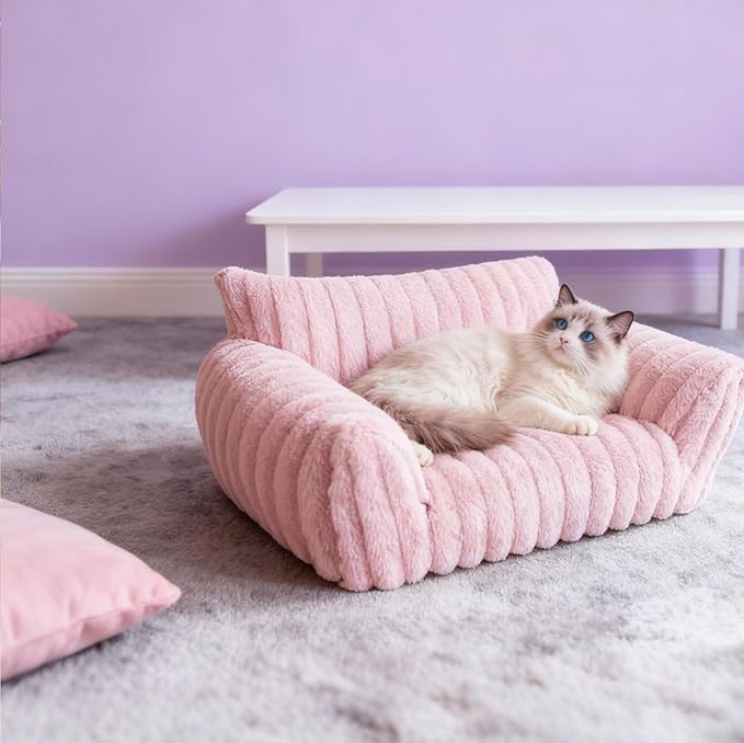 Cat Couch for Pets - Cute Cat Beds for Indoor Cats with Removable Cover, Washable Soft Corduroy Plush, Fluffy Supportive Pet Sofa Chair for Dog, 36 inch, Pink L