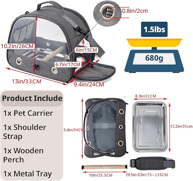 MANON ROSA Bird Carrier Travel Cage with Perch-Lightweight Breathable Parrot Backpack with Stand Tray Shoulder Strap for Small Pet Chinchillas Hamsters Squirrels Bunnies Kittens