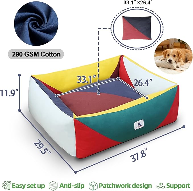Washable Rectangle Dog Bed with Removable Cover, Color-Block Gingham Cotton Large Dog Sofa, Durable Breathable Scratch Resistant Pet Bed, Large
