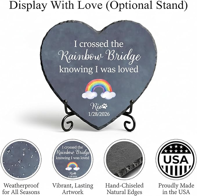 Personalized Pet Memorial Stone, I Crossed the Rainbow Bridge Heart Plaque, Pet Loss Gift for Dogs or Cats Gift (S-18)