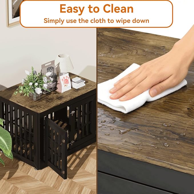 38" Heavy Duty Dog Crate Furniture for Small,Medium and Large Dogs,Rustic Wooden Dog Cage Kennel Indoor Furniture with Waterproof Top,Decorative Pet House Side End Table (Black & Wood)