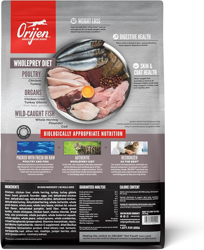 ORIJEN Fit & Trim Grain Free High Protein Premium Dry Cat Food 4lb Bag