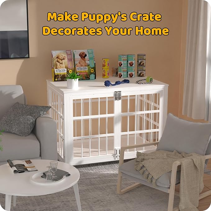 Heavy Duty Dog Crate Furniture – Indestructible Furniture Style Dog Kennel with Wooden Table Top, Escape-Proof Crate for High Anxiety Dogs, Decorative Indoor Pet House with Double Doors & Secure Locks