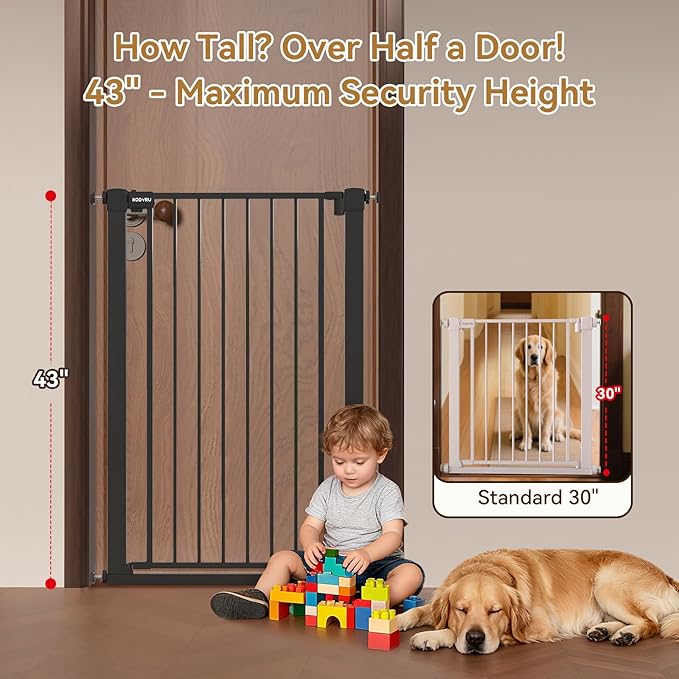 43 inch Tall Safety Dog Gate Adjustable 29.7-45.2inch Extra-Wide Metal Pet Gate Drill-Free Pressure-Mount Installation kit Self-Closing Cat Gate for Stairwells、Doorways（Black）