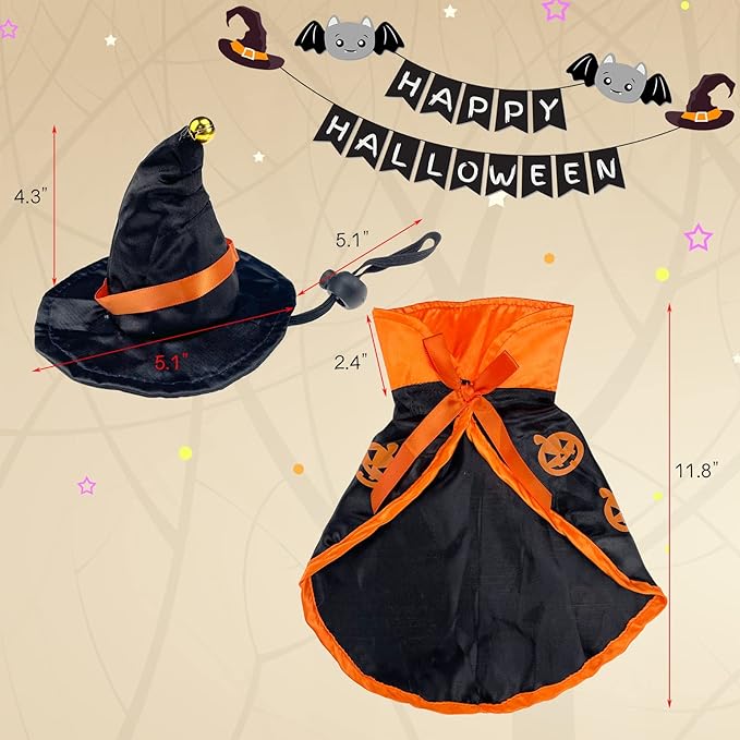 4Pcs Halloween Cat Costumes Wizard Hat Cape Pumpkin Bat Halloween Cosplay Party Cape for Cats Puppy Dogs