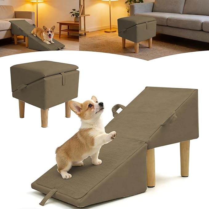 Split Ottoman Dog Ramp for Couch and Low Bed, 2-in-1 Foldable Dog Stairs for Small Dogs and Cats, Wooden Pet Ramp with Non-Slip Surface, Portable Step Stool Design. Coffee