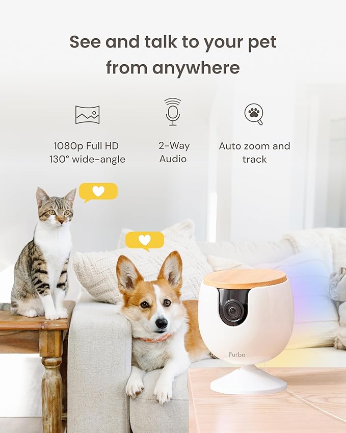 Furbo Mini Pet Camera + Power Adapter: Smart Cam w/Barking or Meowing Alerts, Cat or Dog Tracking w/Phone App, 2-Way Speaker. No Subscription Needed. Standard See, Talk & Toss Features