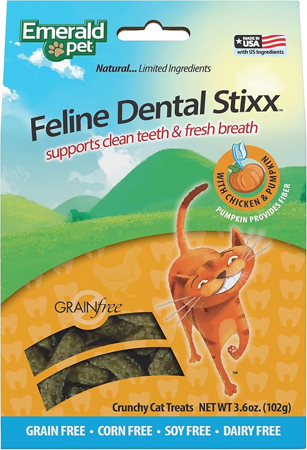 Emerald Pet Feline Dental Stixx — Tasty and Crunchy Cat Sticks with Pumpkin for Digestive Health — Natural Grain Free Treats for Clean Cat Teeth and Fresh Breath — Chicken Stixx, 3.6 oz