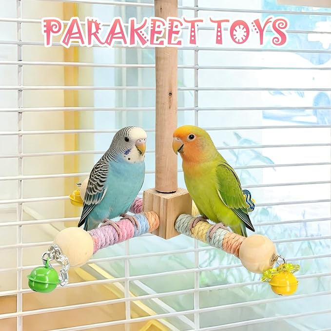 2 Pcs Parakeet Toys with 9 Inch Hanging Perch & 7.8 Inch Wooden Swing,Wooden Bird Cage Accessories to Relieve Boredom and Anxiety,Ideal for Parrots, Budgies, Cockatiels and Other Pet Birds
