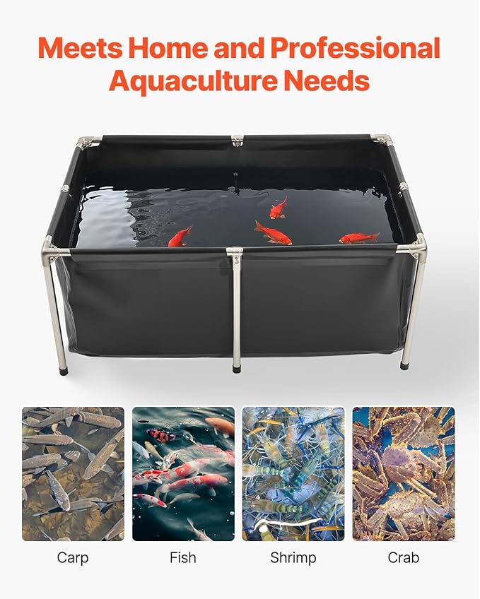 Happybuy 126.8-Gallon Black Rectangular Fish Pond - Foldable Above Ground PVC Koi Tank with Stainless Steel Frame & Drain Valve for Aquaculture and Breeding