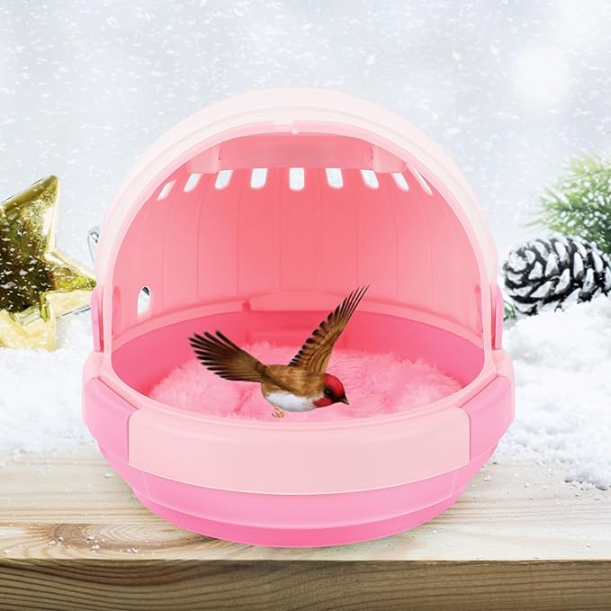 BESPORTBLE Portable Parrot Travel Cage Carrier with Warm Nest Pad, Lightweight Bird Carrier for Small Birds, Pink Space Capsule Design for Outdoor Use and Pet Sleeping Bed