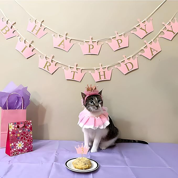 Cat Princess Costumes Cat Crown Hat & Lace Bandana Scarf Set, Puppy Party Hat for Small Dogs & Cats, Lace Outfit for Cats and Small Dogs Birthday Party (Pink)