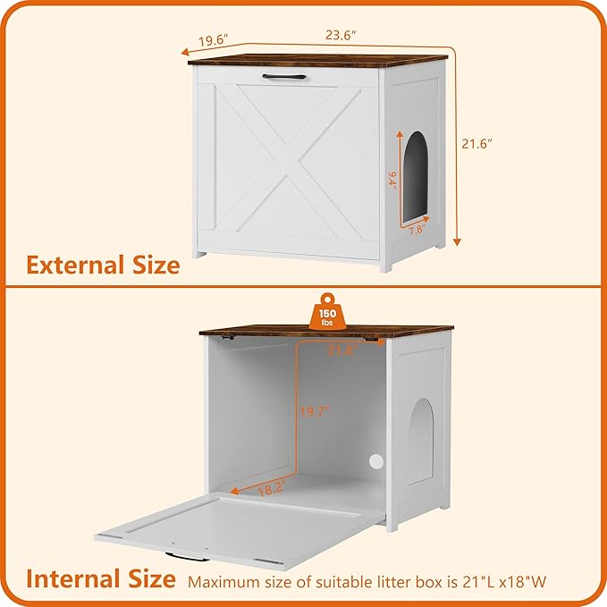 Dwanton Cat Litter Box Furniture Hidden, Cat Litter Box Enclosure, Reversible Entrance Can Be on Left or Right Side, Indoor Cabinet, Wooden Washroom, End Table, White and Rustic Brown, 23.6" L
