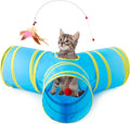 Love’s Cabin Cat Tunnel for Indoor Cats, 3-Way Collapsible Play Tunnel with Teaser Wand, Peek Holes & Toy Ball, Small Pet Toy for Kittens & Rabbits, Blue & Yellow, Small Size